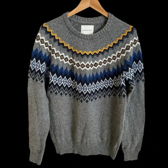 American Eagle Mens Medium Tall Gray Fair Isle Crewneck Sweater Pullover Grey MT - Picture 1 of 4